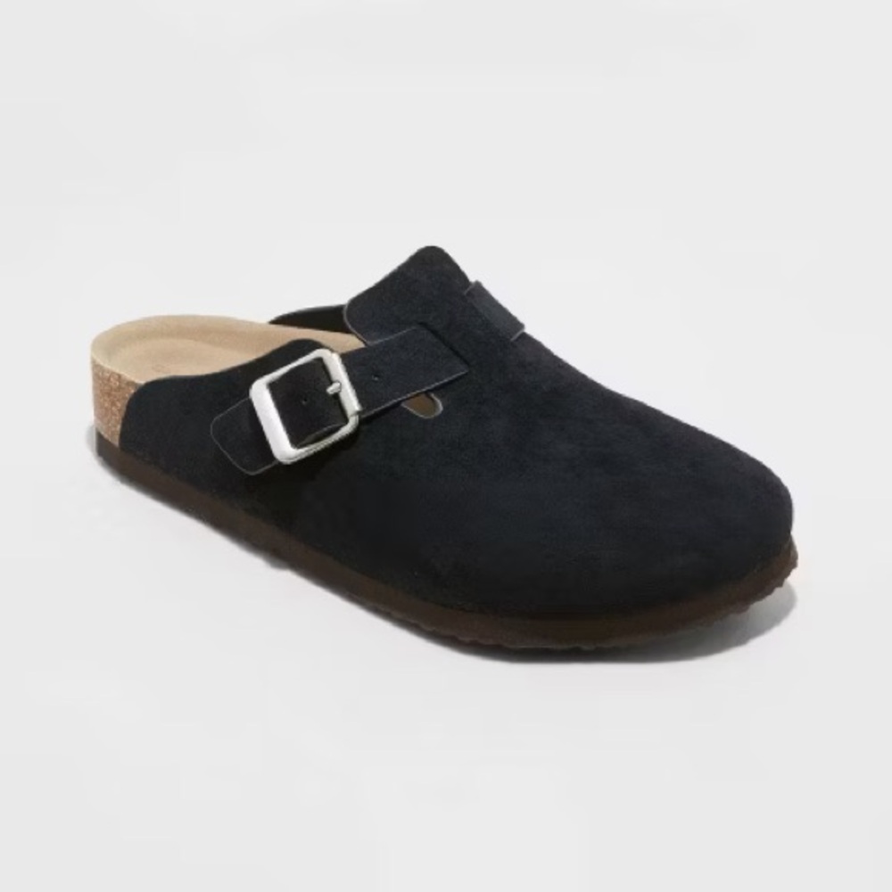 Black Suede Clogs with Buckle